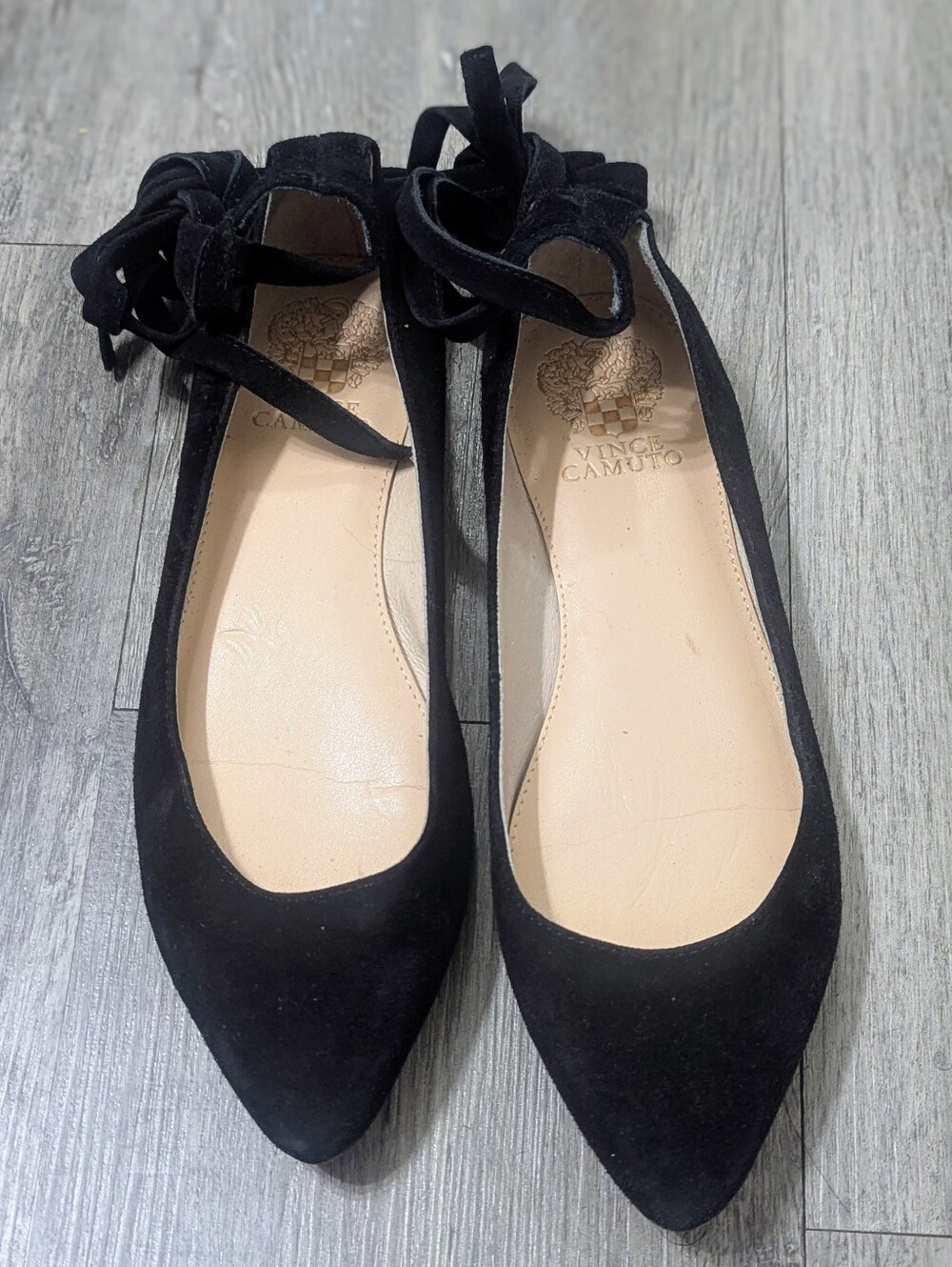 Vince Camuto Black Ankle Tie Suede Pointed-Toe Flats